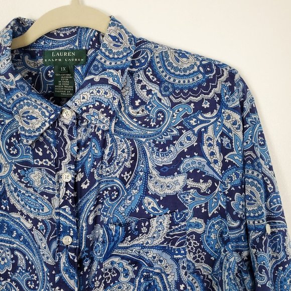 Lauren Ralph Lauren Womens Shirt 1XL Paisley Blue Long Sleeve Button Down Cotton - Picture 2 of 9